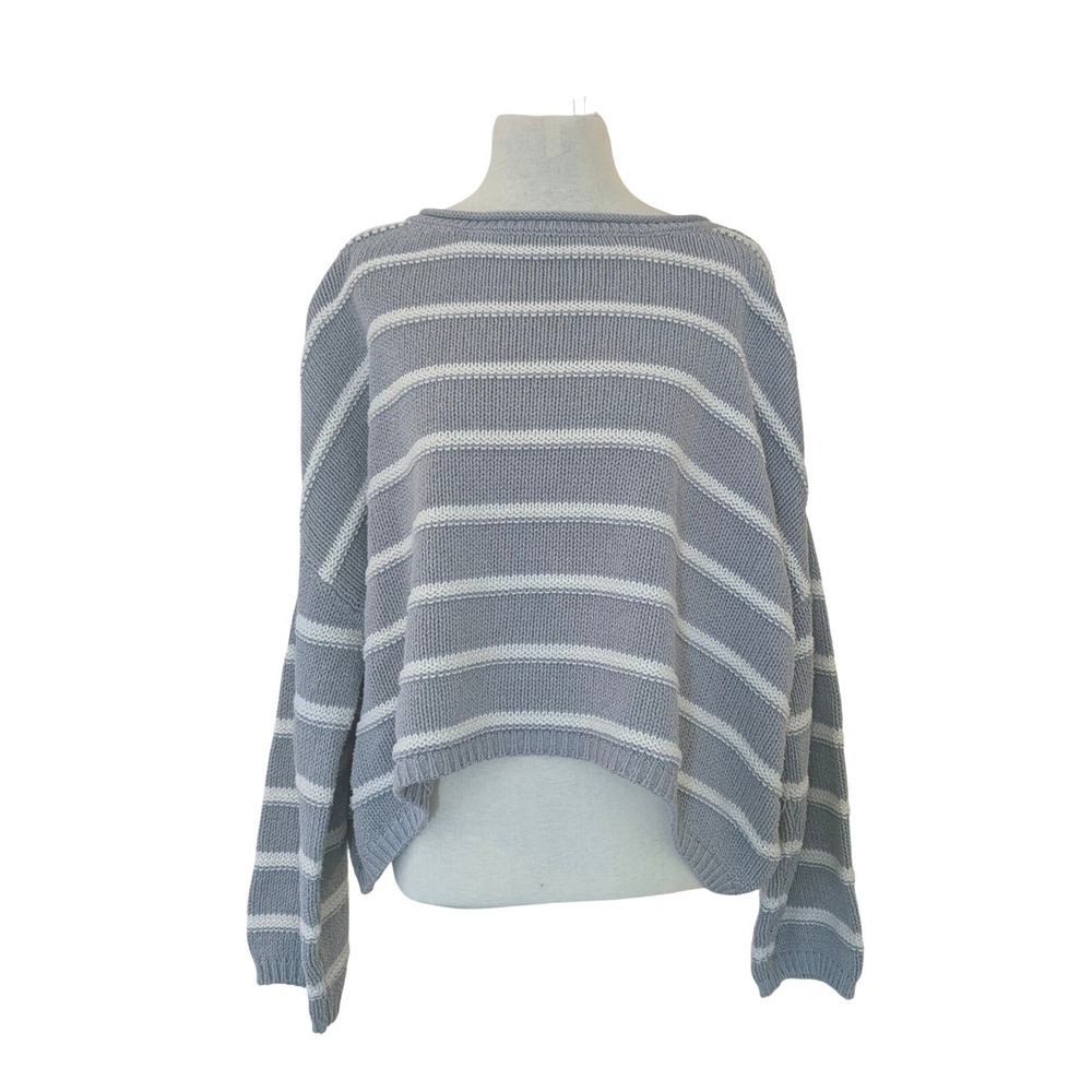 SO Women XL Light Blue White Striped Cropped Cotton Blend Knit Sweater